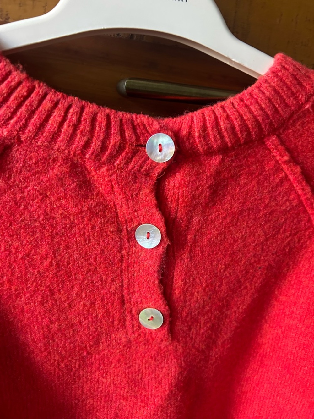 Zara Red Crewneck Sweater with Button Placket